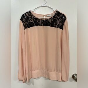 New York & Company Blush Long-Sleeve Top with Black Lace Yoke, size XL